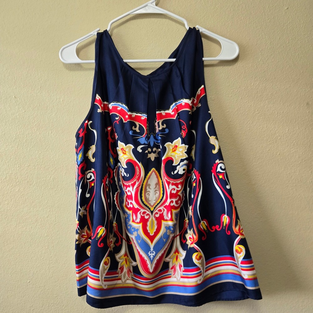 Talbots Petite Navy Blue Multicolor Paisley 100% Silk Pleated Sleeveless Top 16P
